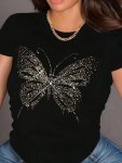 Butterfly Print Crew Neck T-Shirt Short Sleeve Casual Top For Spring & Summer Women's Clothing