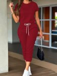 Casual Solid Color Pants Set Short Sleeve T-Shirt & Flap Pockets Drawstring Jogger Pants Outfits Women's Clothing