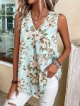 Floral Print V Neck Blouse Elegant Sleeveless Top For Spring & Summer Women's Clothing