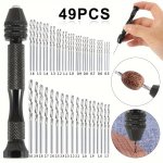 49PCS SET MINI Micro Aluminum Hand Drill With Keyless Chuck +48X Alloy Steel Twist Drills Rotary Tools Wood Drilling