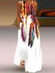 Feather Print Maxi Dress Casual Notched Neck Sleeveless Dress Women's Clothing