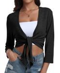 Prinstory Women's Tie Front Shrug 3 4 Sleeve Bolero Cardigan Lightweight Summer Casual Short Shawl Top Black Us L