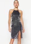 Fitted Halter Neck Midi Dress - Gray