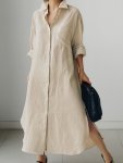 Women's Casual Cotton Linen Blend Shirt Dress - Vintage-inspired Solid Color With Button Detail Long Sleeve & Collar Machine Was