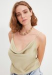 Strap Neckline Satin Woven Blouse - Mint