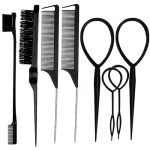 Zvorei 8PCS Black Hair Brushes Set With 4PCS Topsy Tail Tools Teasing Bristle Brush Edge Control Brush And 2PCS Metal Pin Rat Ta