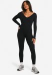 Basic Rib Plunge Unitard Jumpsuit - Black