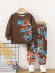 Boys' Cartoon Dinosaur Print Long Sleeve Crewneck Sweatshirt With Contrast Side Pockets And Elastic Waist Cargo Pants Set Casual