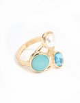 Goldair Gold Pearl Statement Triple Blue & Clear Gems Ring - M l