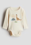 Long-sleeved Bodysuit - Light Beige Dinosaurs
