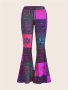 Patchwork Print Flare Leg Pants Vintage High Waist Slim Pants For Spring & Fall Women's Clothing