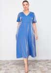 Plus Balloon Sleeve Metallic Woven Dress - Navy Blue