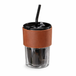 3 Pack - 450ML Glass Tumbler With Pu Leather Sleeve & Straw