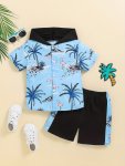 2PCS Boys Hawaiian Beach Flamingo And Coconut Tree Graphic Print Short Sleeve Hooded Shirt & Shorts Set Comfy Summer Boys Clothi