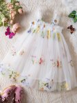 Flower Girl Embroidery Princess Dress Sweet Puffy Mesh Sleeveless Suspender Dress Birthday Gift