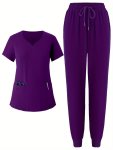 Solid Color Two-piece Scrub Set Functional Patched Pockets Short Sleeve Scrub Top & Drawstring Pants Outfits For Medical Care Wo