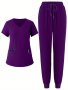 Solid Color Two-piece Scrub Set Functional Patched Pockets Short Sleeve Scrub Top & Drawstring Pants Outfits For Medical Care Women's Clothing