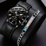 2PCS SET Men's Simple Quartz Watch & Simple Style Chain Bracelet Valentine's Day Ramadan Kareem Gift For Friends boyfriend Best
