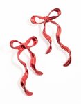 Red Coated Metal Dangle Bow Stud Earrings