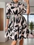 Graphic Print Mock Neck Dress Elegant Shirred Waist Half Sleeve Dress Women's Clothing