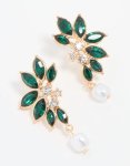 Goldair Gold Green Diamante & Pearl Marquise Stud Earrings