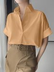 Solid Color Collared Simple Blouse Elegant Loose Short Sleeve Blouse For Office & Work Women's Clothing