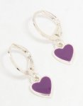 Silver Purple Heart Drop Huggie Earrings - Onesize