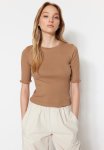Fitted Basic Corduroy Knitted Blouse - Mink