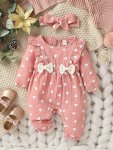 Newborn Baby's Bowknot Decor Muslin Bodysuit & Hairband Casual Ruffled Long Sleeve Romper Toddler & Infant Girl's Onesie
