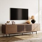 Povison Modern Solid Wood Tv Stand Entertainment Center For 70 75+ Inch Tv Slatted Media Console Tv Cabinet With Tall-cast Metal