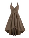 High Low Hem Solid Tank Dress Casual Surplice Neck Backless Sleeveless Ring Dress Women's Clothing