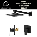 Black 3 Piece Ultrathin Shower Set - 200MM Square