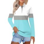 Polo Shirts For Womens V Neck Lapel Long Sleeve Tops With Collar Button Fall Loose Golf Casual Business Tunic BLOUSES3-LIGHT Blu