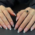 White French Tips Press On Nails Short Acrylic Nails Press On Nude Almond Shape Medium Fake Nails With Glue For Women 24 Pcs