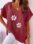 Plus Size Floral Print V Neck Blouse Casual Batwing Sleeve Blouse For Spring & Summer Women's Plus Size Clothing