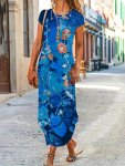 Butterfly Print V Neck Dress Casual Short Sleeve Dress For Spring & Summer Women's Clothing