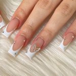 24PCS White French Tip Fake Nails 3D Butterfly Shining Rhinestone Press On Nails With Design Glossy Nude Glue On Nails Full Cove