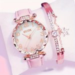 2PCS SET Women's Rhinestone Pink Gradient Quartz Watch Analog Pu Leather Wrist Watch & Star Bangle Gift For Mom Her
