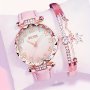 2pcs/set Women's Rhinestone Pink Gradient Quartz Watch Analog PU Leather Wrist Watch & Star Bangle Gift For Mom Her
