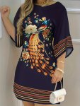 Peacock Floral Print Crew Neck Dress Boho Half Sleeve Dress For Spring & Summer Women's Clothing