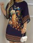 Peacock Floral Print Crew Neck Dress Boho Half Sleeve Dress For Spring & Summer Women's Clothing