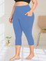 Women's Plus Size High Waist Capri Leggings With Side Pockets Stretchy Solid Color Workout Pants For Exercise & Yoga