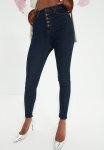 Front Button High Waist Skinny Jeans - Navy