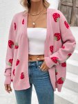 Strawberry Pattern Open Front Cardigan Elegant Long Sleeve Cardigan For Spring & Fall Women's Clothing