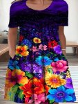 Plus Size Casual Dress Women's Plus Floral Print Short Sleeve Round Neck Slight Stretch Dress With Pockets