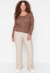 Plus High Waist Leg Slit Trousers - Beige