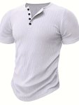 Men's Solid Stripe Pattern Knit Short Sleeve Henley Shirt Casual And Chic For Summer Leisurewear And Outdoors Activities