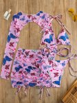 4-PIECES Butterfly Print Bikini Sets Halter V Neck Tie Side High Cut With Cover Up Shrug & Skirt Swimsuit Women's Swimwear & Clo