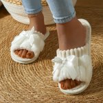 Warm Bowknot Decor Slippers Casual Open Toe Plush Shoes Comfortable Indoor Home Slippers