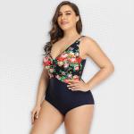 Women's Plus Size Black Tropical One-piece Swimwear - 4XL